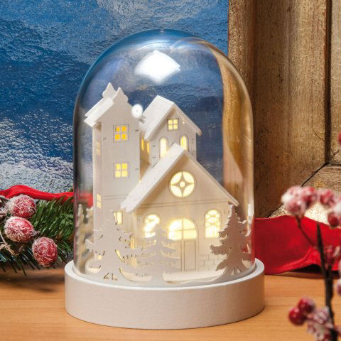 Tischlampe Glasglocke „Kirche”, Weihnachtsdeko mit LED