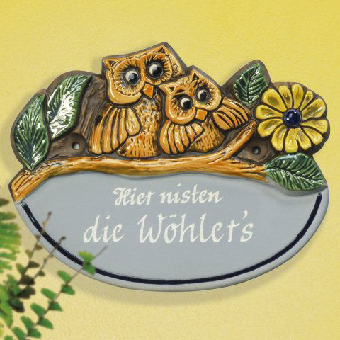 Keramik Türschild „Eulen mit Blumen”, wetterfestes Namensschild