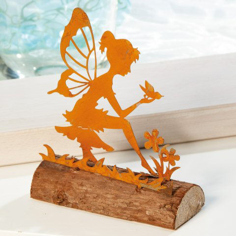 Elfen-Figur mit Vogel, Deko-Objekt aus Metall auf Holz