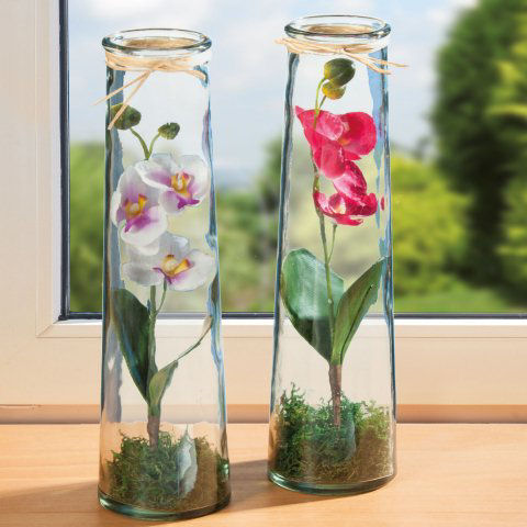 Glasvasen 2er-Set, Dekovase mit künstlichen Orchideen