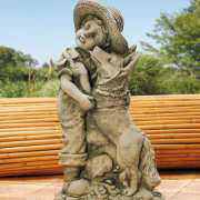 Steinguss Deko Gartenfigur, Junge mit Hund