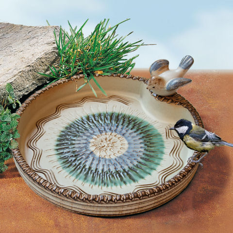 Große Vogeltränke aus Keramik mit Vögelchen