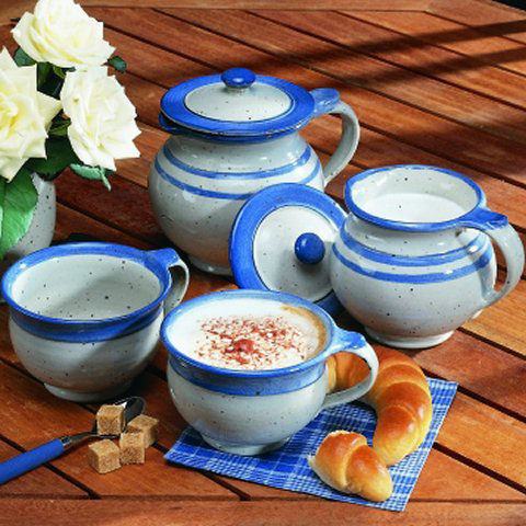 Weiß-blaue Café au lait Kaffeetasse aus Steinzeug