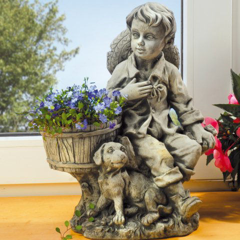 Steinguss Deko Gartenfigur, Franz mit Hund & Blumenkorb