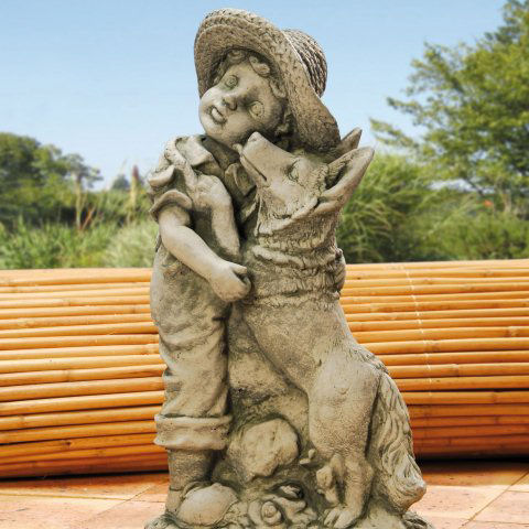Steinguss Deko Gartenfigur, Junge mit Hund