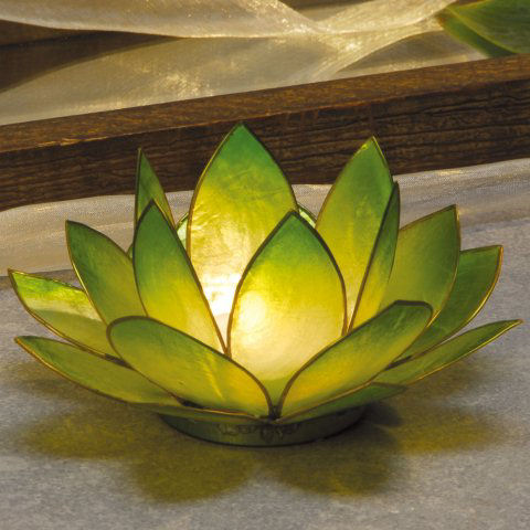 Chakra Lotus Licht aus Capiz, hellgrün, mit Teelicht