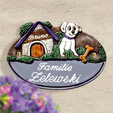 Haustürschild „Hund mit Knochen”, Keramik Namensschild