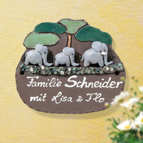 Haustürschild „Elefantenfamilie”, Keramik Namensschild