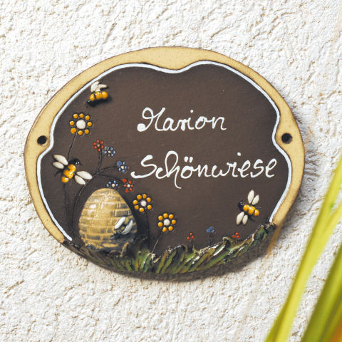 Keramik Türschild „Bienen mit Korb”, wetterfestes Namensschild