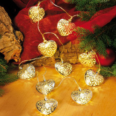 LED Lichterkette, Weihnachtsdeko, 10 Metallherzen