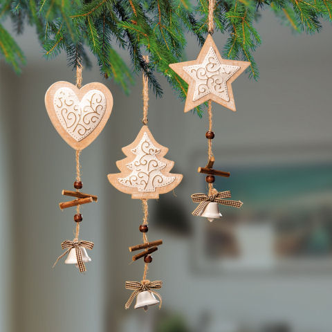 Weihnachtsbaumschmuck mit Glöckchen, Stern, Herz & Baum Set