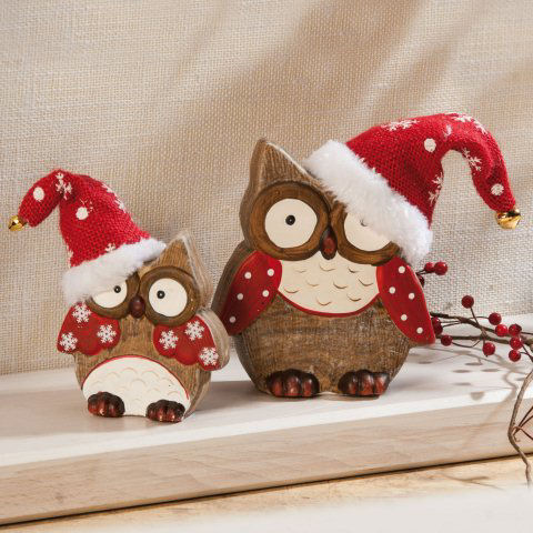 Weihnachtsfiguren „Eulen mit Mütze”, Dekofiguren aus Keramik