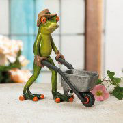 Deko-Frosch „Gärtner” mit Schubkarre oder Rasenmäher