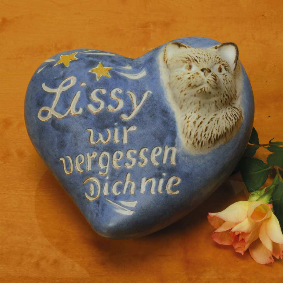 Gedenkherz „Katze”, Grabschmuck aus Keramik