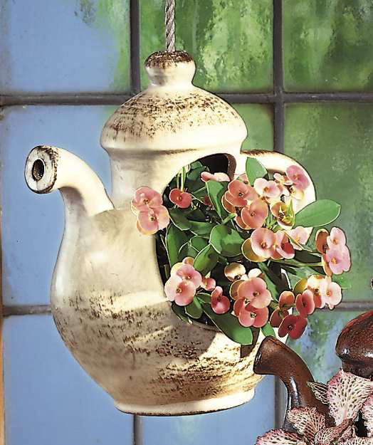 Keramik Pflanz-Teekanne, Deko Blumenampel, hell