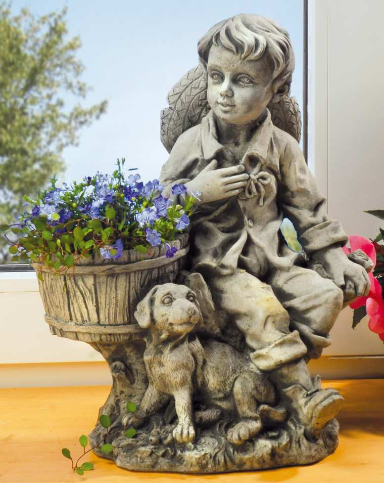 Steinguss Deko Gartenfigur, Franz mit Hund & Blumenkorb