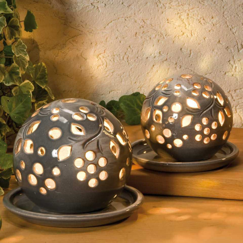 Lichtkugel aus Keramik, Deko Stimmungslampe, grau