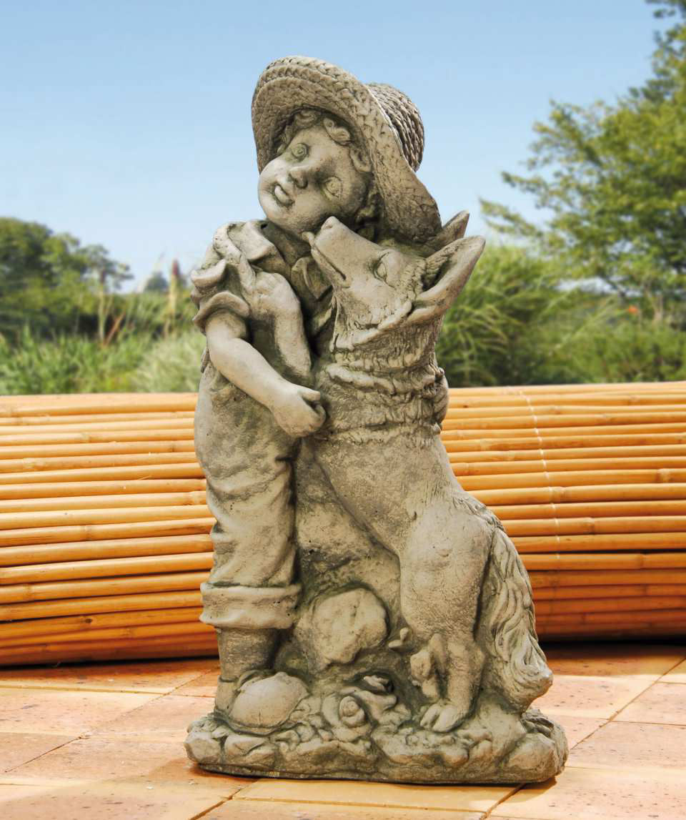 Steinguss Deko Gartenfigur, Junge mit Hund