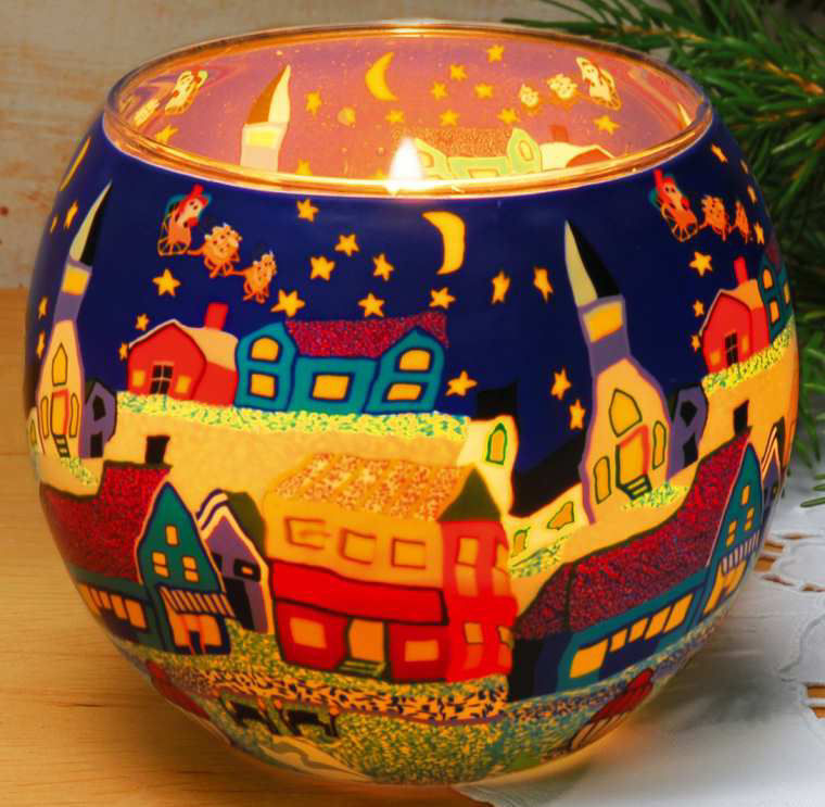 Deko Leuchtglas mit Motivlandschaft „Dorf mit Kirche”