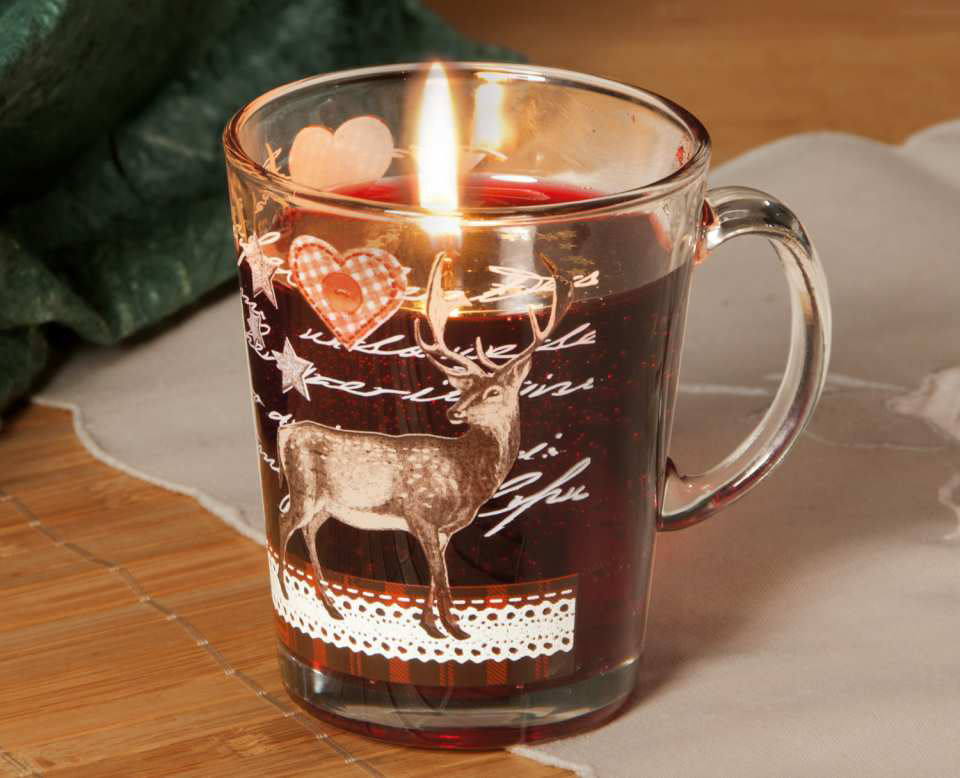 Glühweinbecher, Glasbecher mit Gelkerze & Hirschmotiv