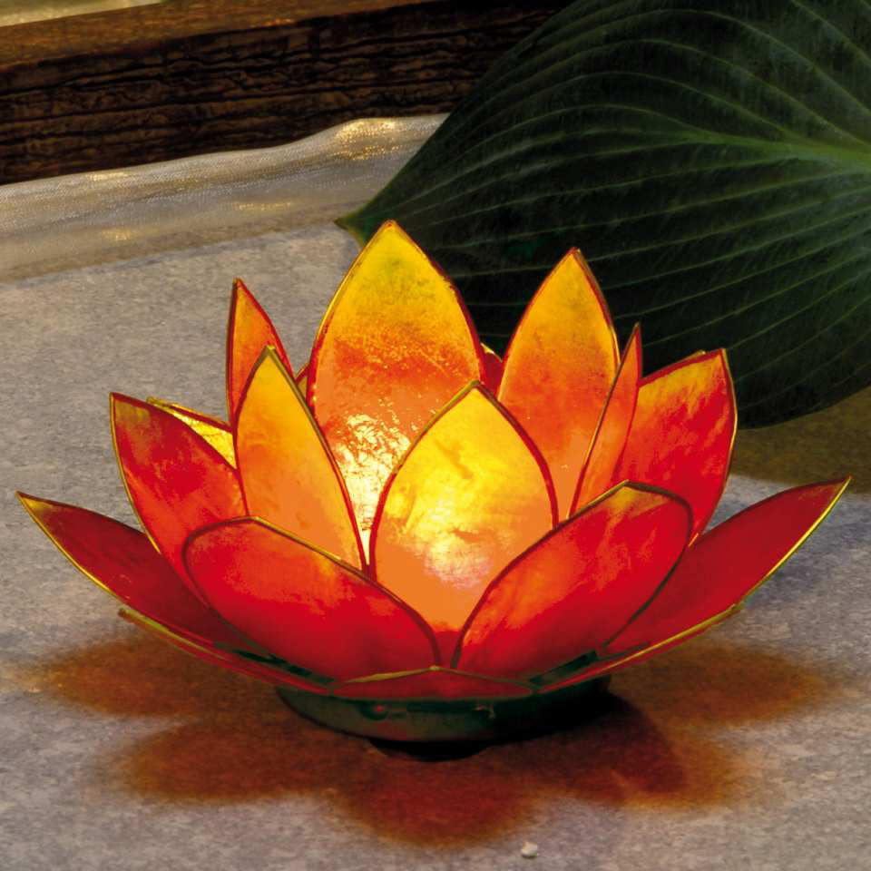 Chakra Lotus Licht aus Capiz, amberfarben, mit Teelicht