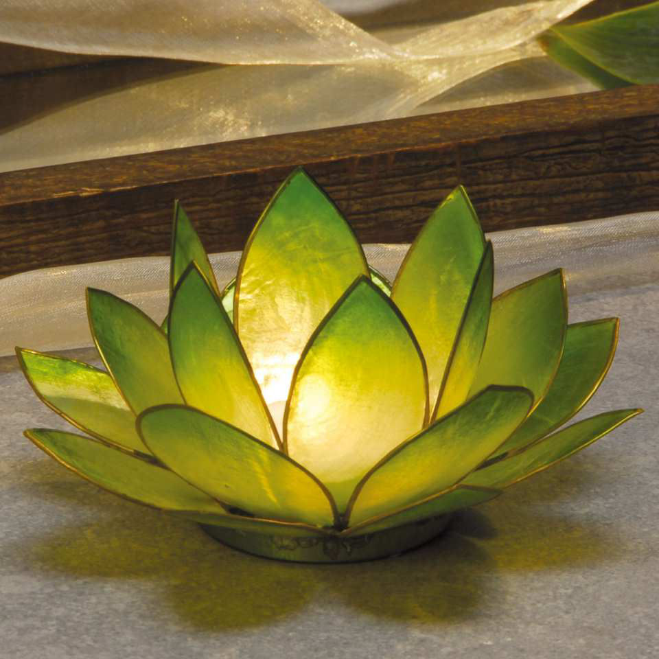 Chakra Lotus Licht aus Capiz, hellgrün, mit Teelicht