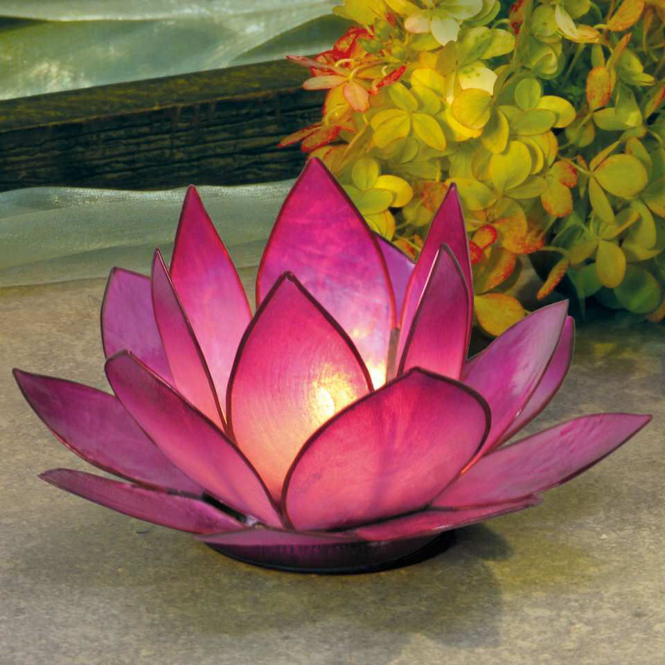 Chakra Lotus Licht aus Capiz, lila, mit Teelicht