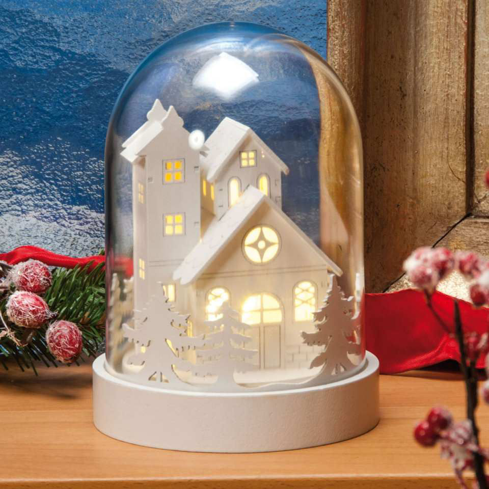Tischlampe Glasglocke „Kirche”, Weihnachtsdeko mit LED