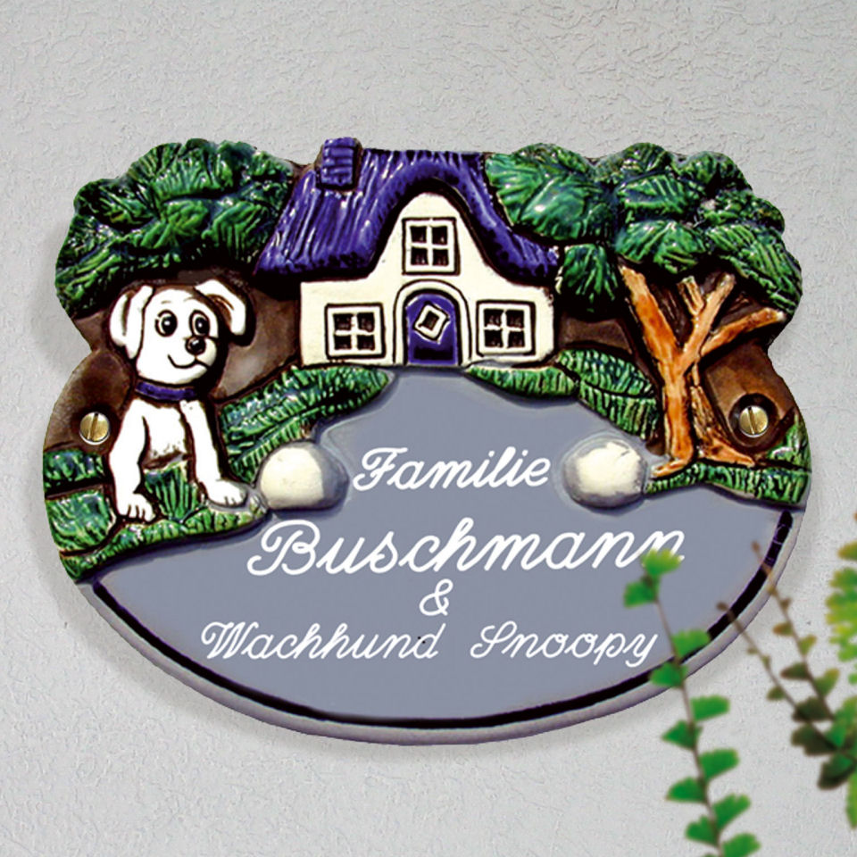 Keramik Türschild „Haus mit Hund”, wetterfestes Namensschild