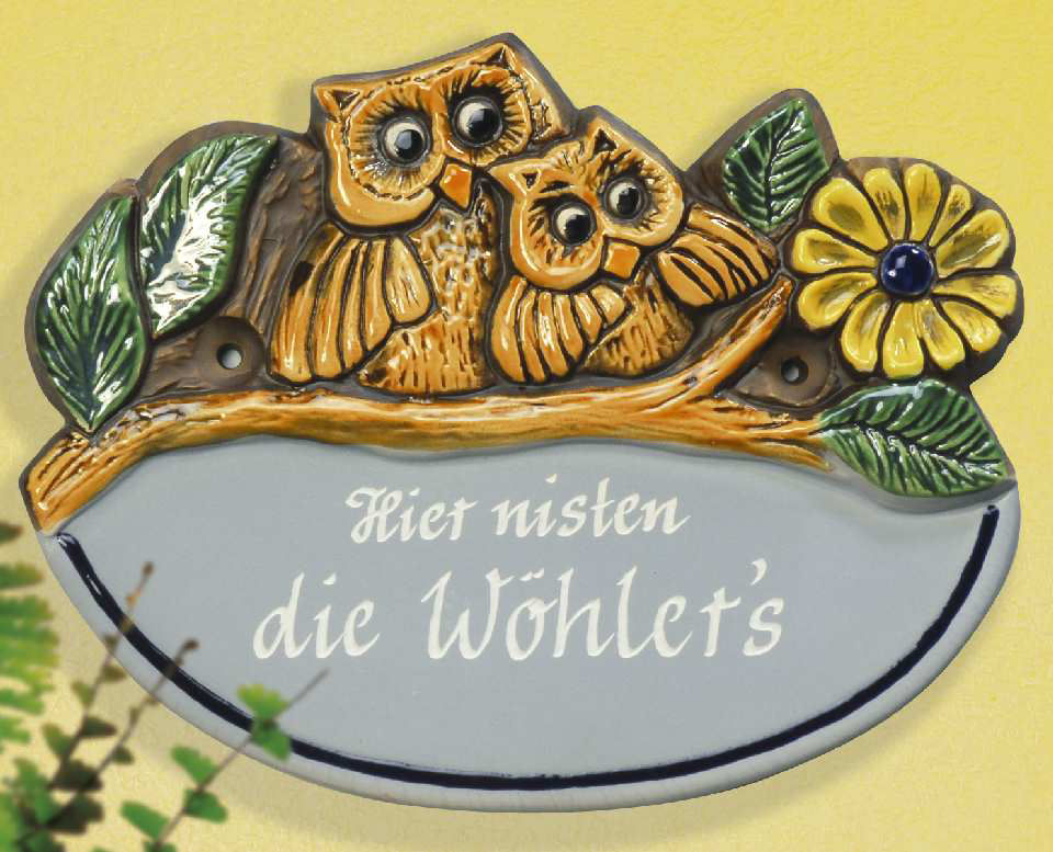 Keramik Türschild „Eulen mit Blumen”, wetterfestes Namensschild