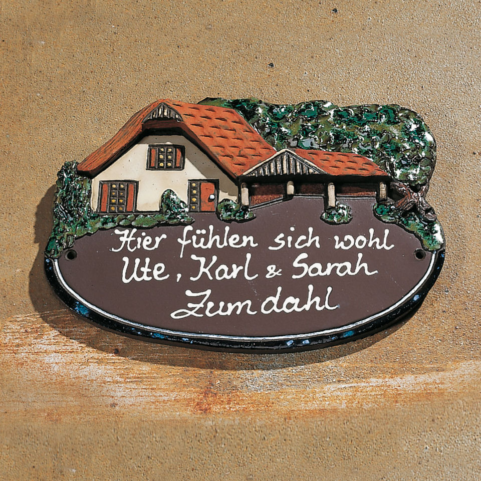 Keramik Türschild „Haus mit Carport”, wetterfestes Namensschild
