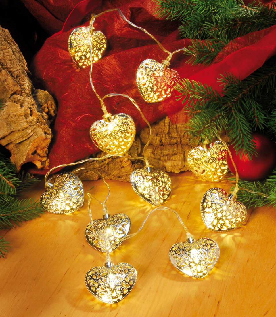 LED Lichterkette, Weihnachtsdeko, 10 Metallherzen