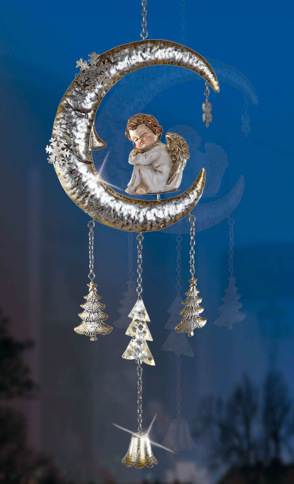 Fensterschmuck „Mond mit Engel”, Hängedekoration aus Metall