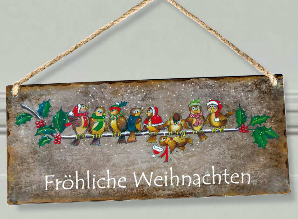 Wandhänger „Fröhliche Weihnachten”, Vogelmotiv Dekoschild