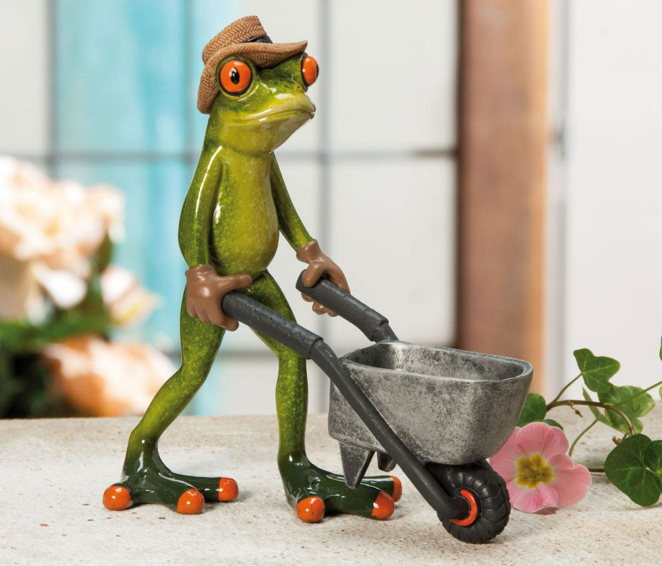 Deko-Frosch „Gärtner” mit Schubkarre oder Rasenmäher