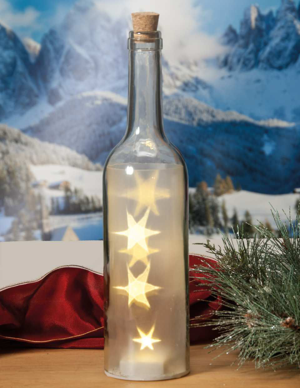 Flaschenlampe „Winterstern”, Tischbeleuchtung aus Glas