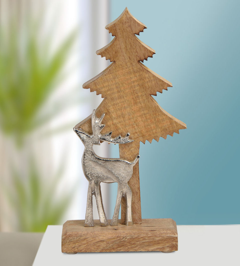 Deko-Tannenbaum mit Elch, Weihnachtsdeko aus Holz