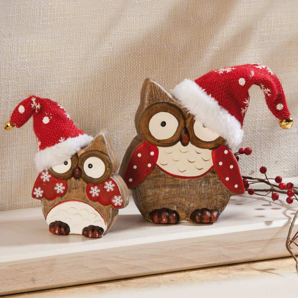 Weihnachtsfiguren „Eulen mit Mütze”, Dekofiguren aus Keramik