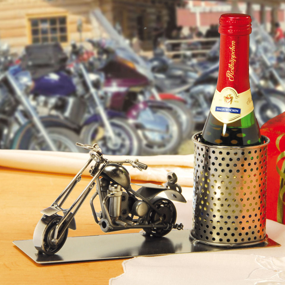Biker Geschenk Flaschenhalter „Shopper” aus poliertem Eisenblech