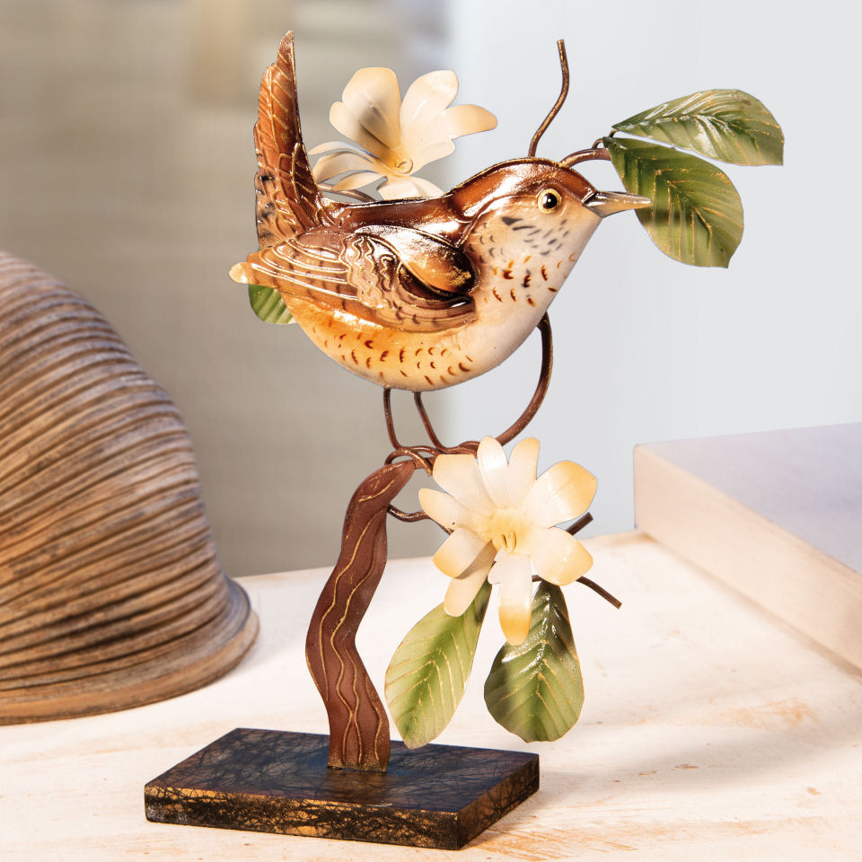 Deko-Skulptur „Vogel auf Ast”, edle Dekofigur aus Metall